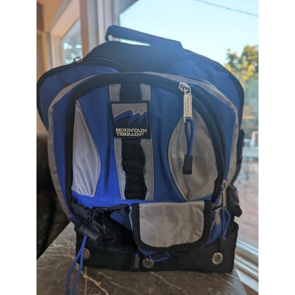 Mountain Terrain Backpack Black Blue Multi-Pockets School Backpack Zippered